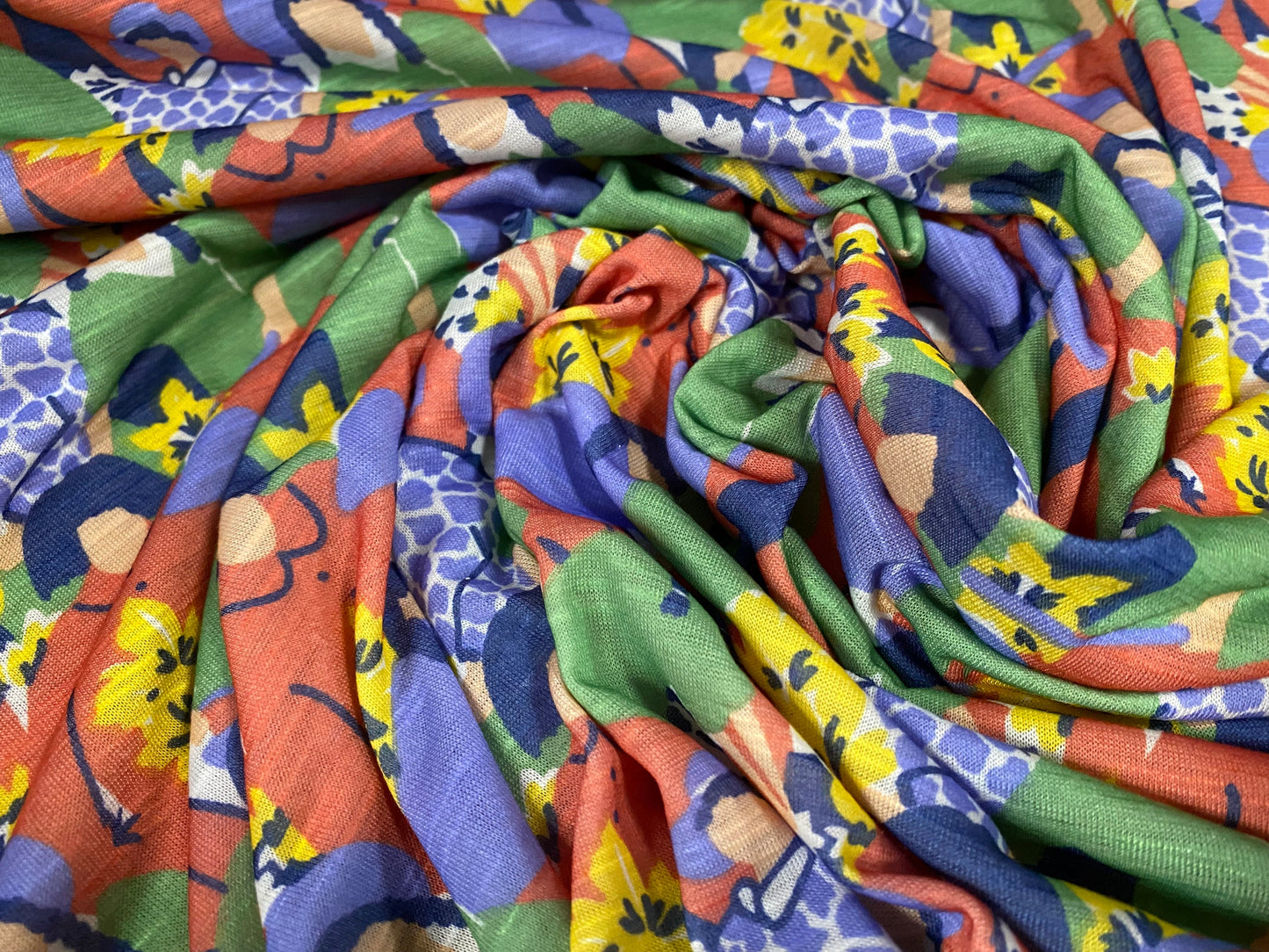 Soft handle slub jersey dress  fabric, per metre - flower women print - blue green red