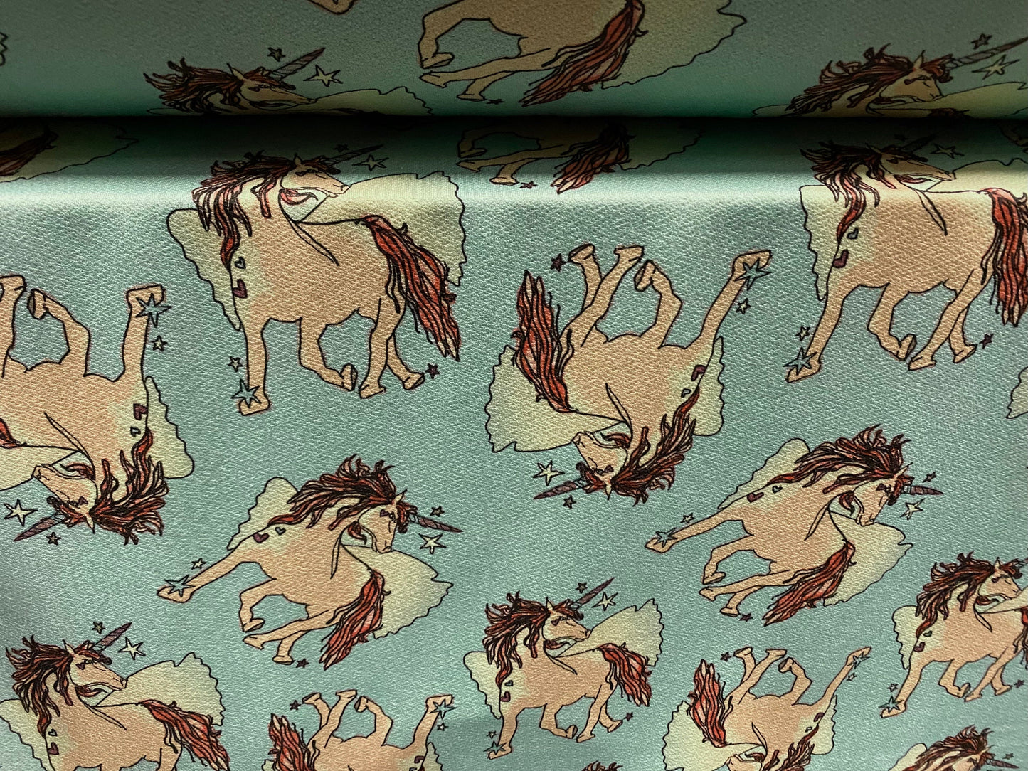 Stretch Spandex crepe jersey fabric, per metre - unicorn print - turquoise & blush