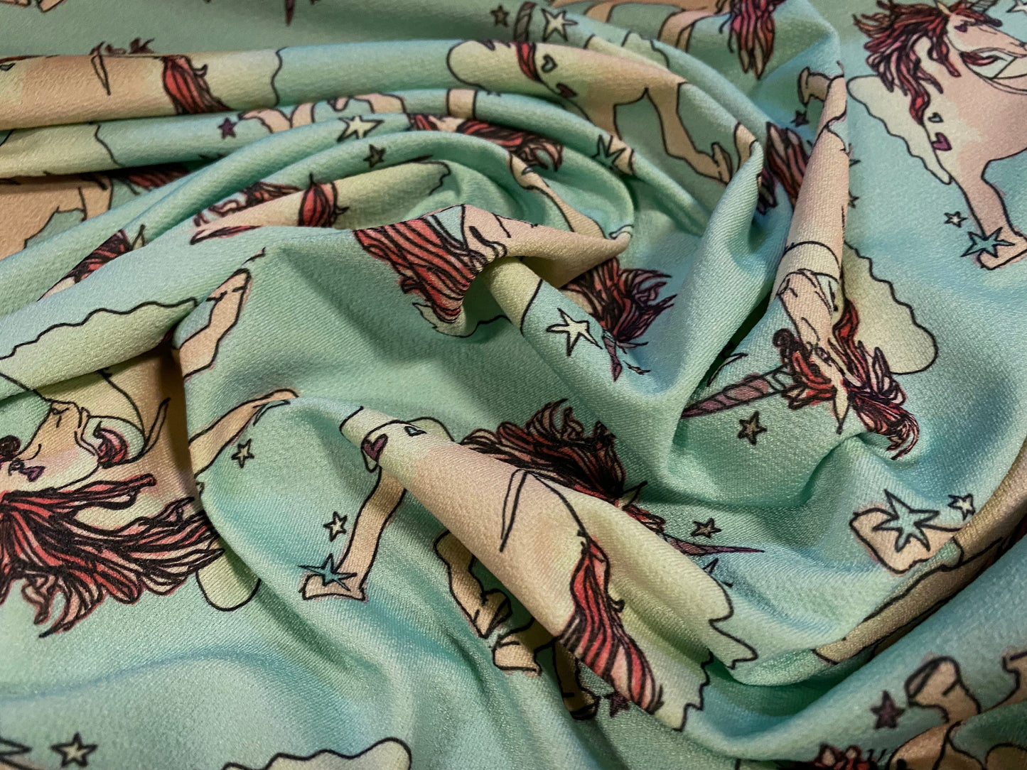 Stretch Spandex crepe jersey fabric, per metre - unicorn print - turquoise & blush