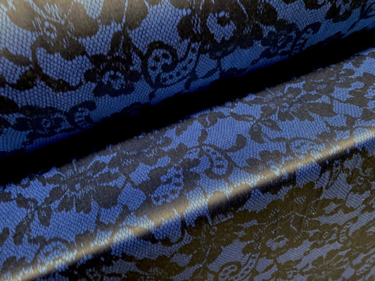 Stretch sateen woven dress fabric, per metre - lace print - royal blue & black