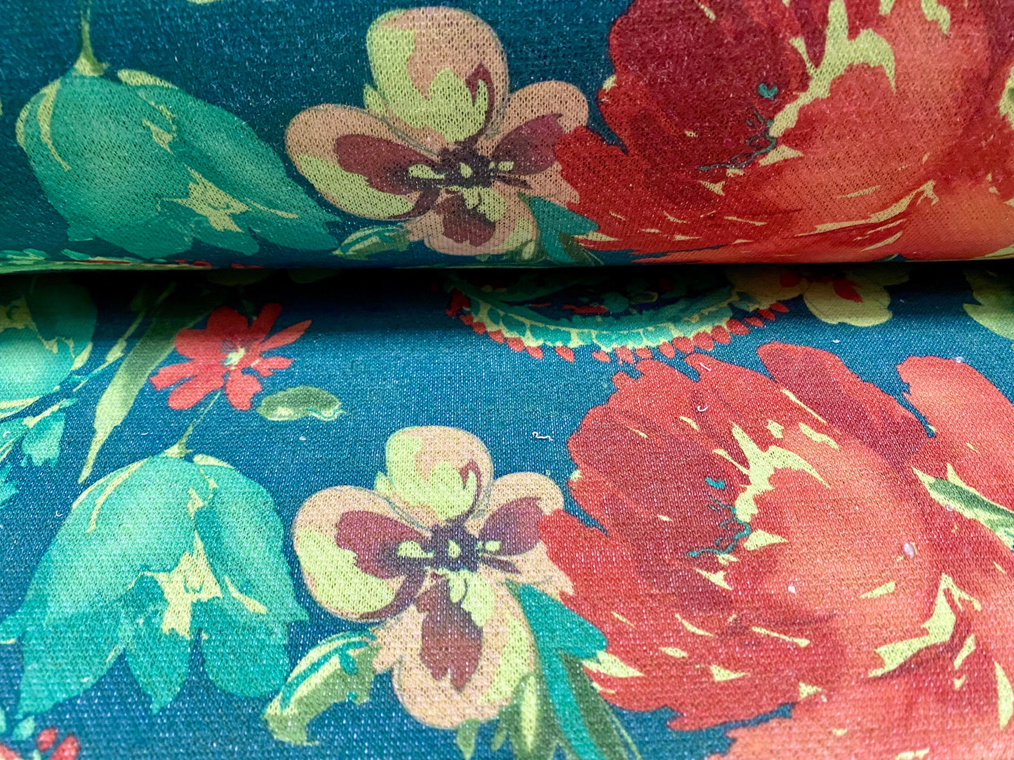 Soft Loopback jersey knitwear fabric, per metre - floral print - green & blue
