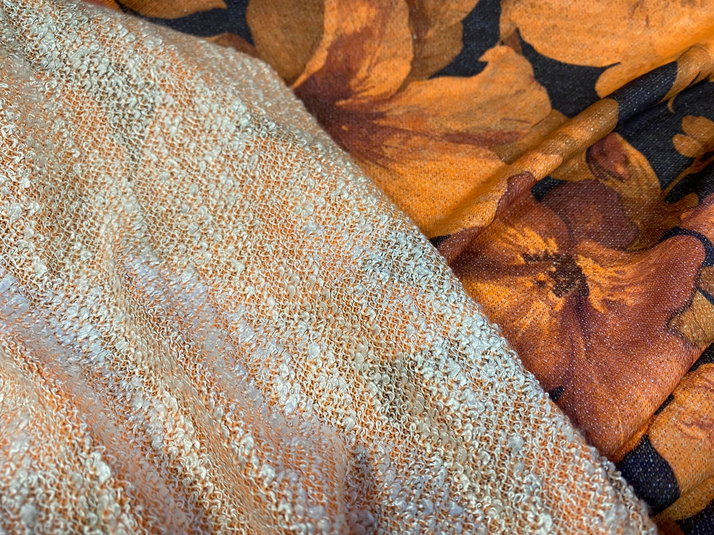 Soft Loopback jersey knitwear fabric, per metre - floral print - Orange & black