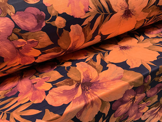 Scuba ribbed spandex neoprene style stretch jersey fabric, per metre  - Lily tropical flower print -coral & magenta