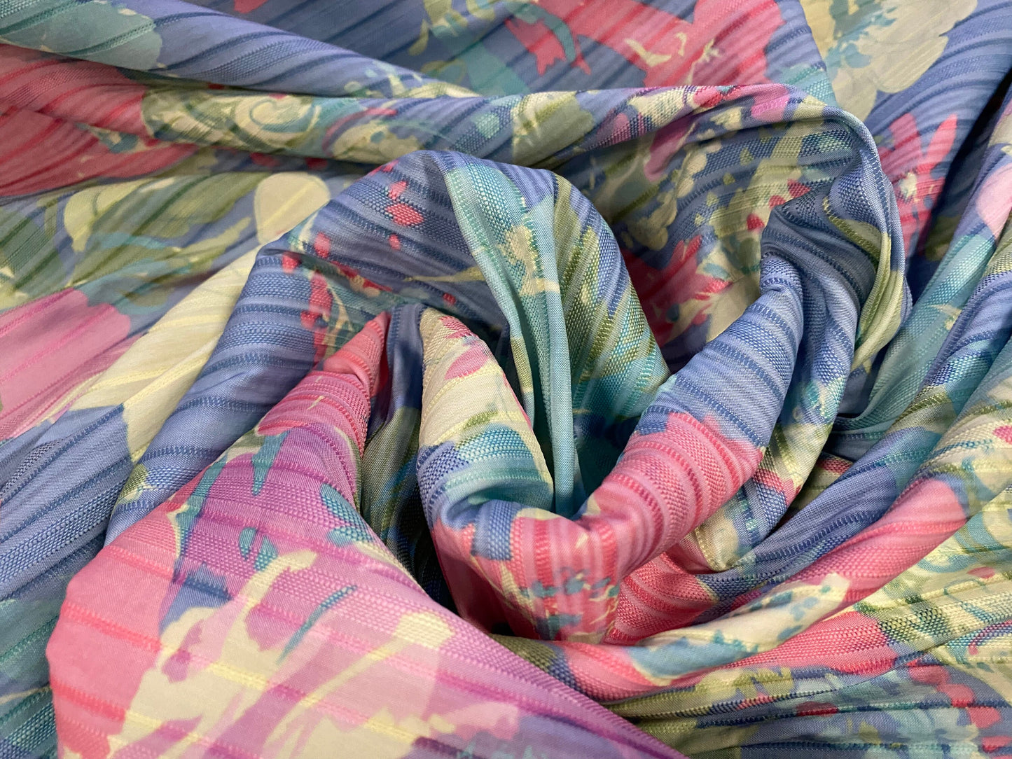 Ribbed stretch spandex woven dress trouser skirt fabric, per metre - pastel floral print