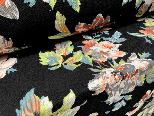 Waterfall textured scuba stretch spandex jersey fabric, per metre - wild rose flower print