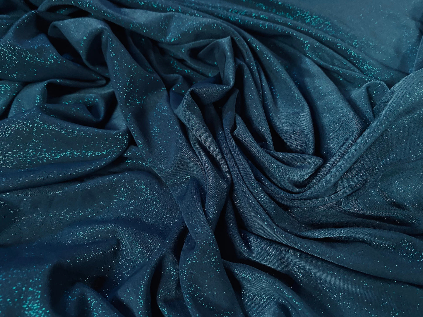 Metallic foil print single jersey stretch spandex fabric, per metre - teal blue 2 tone