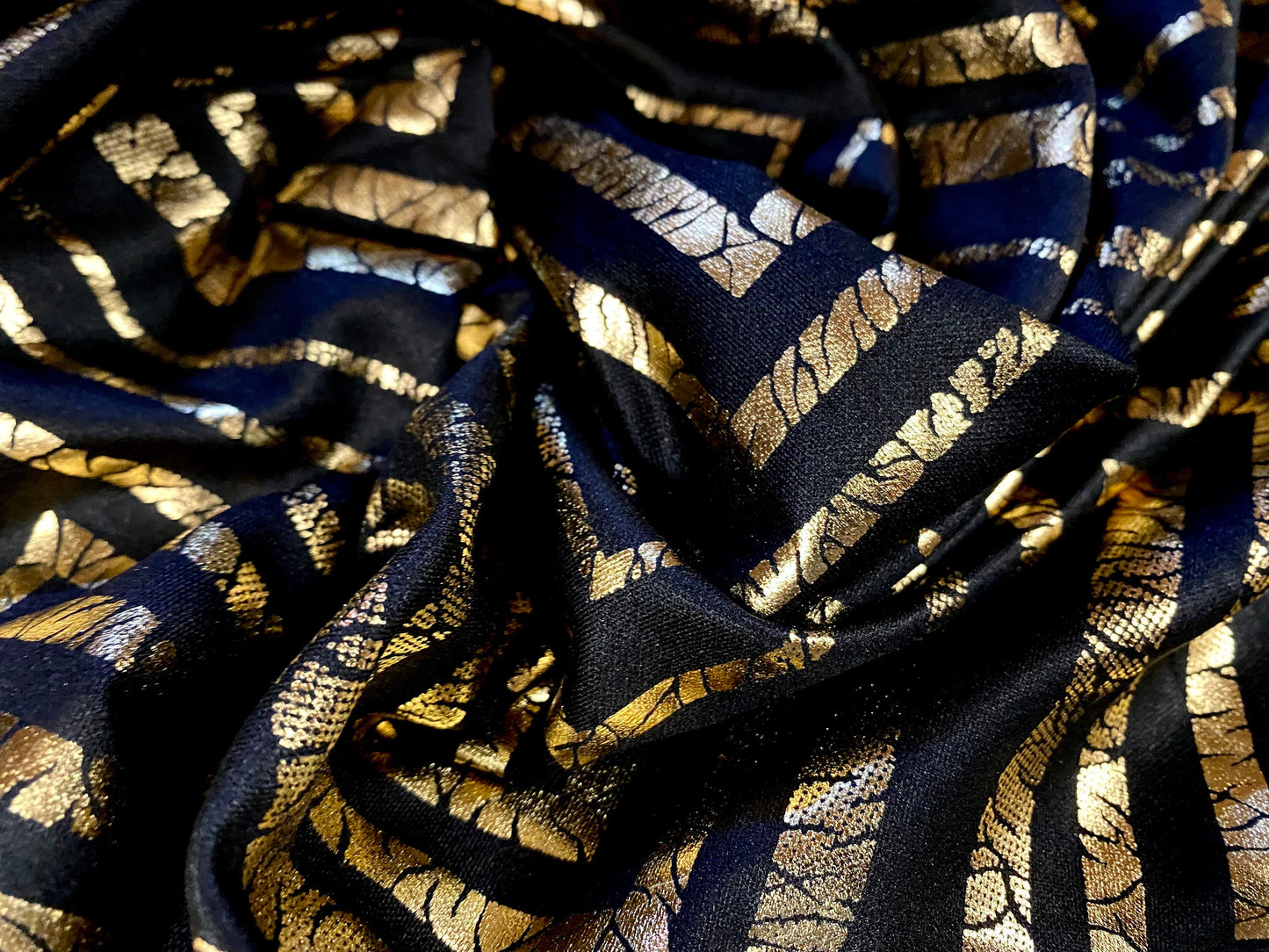 Stretch scuba double jersey spandex dress fabric, per metre - black with metallic gold foil distressed geometric print