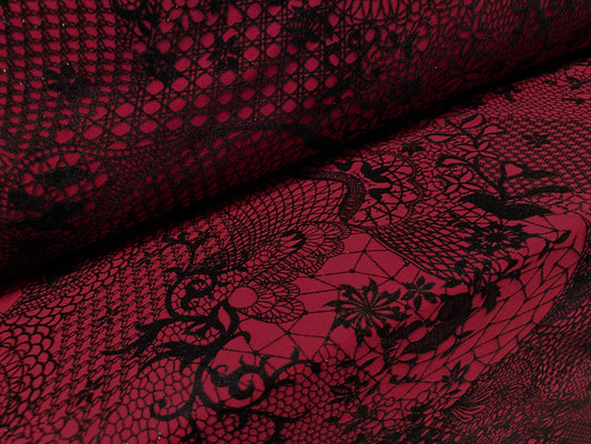 Stretch spandex jersey dress fabric, per metre - flocked Paisley print with glitter -wine & black