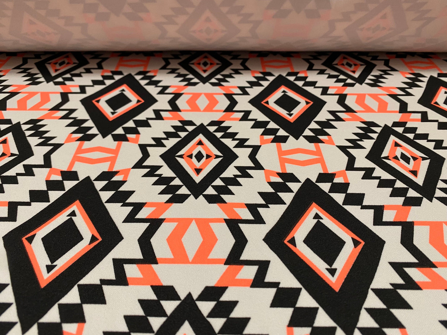 Scuba spandex stretch neoprene style jersey fashion fabric, per metre - Inca Aztec print - fluorescent pink & black