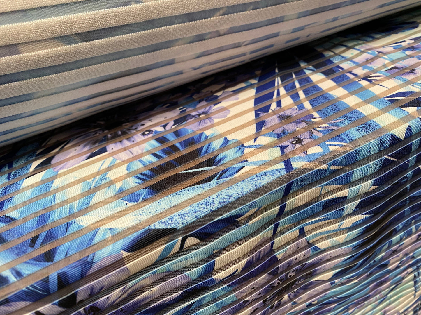 Ottoman rib burnout stripe jersey fabric , per metre - Lily flower print - blue lavender