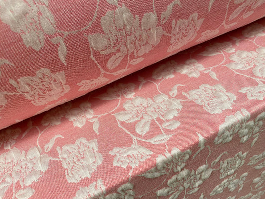 Stretch spandex floral jacquard double jersey fabric, per metre - pink & cream