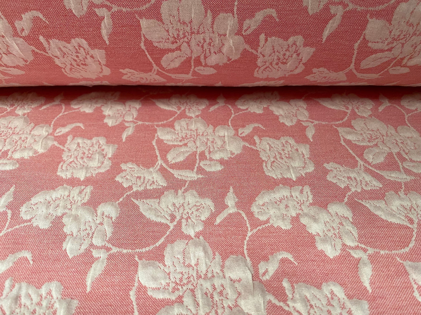 Stretch spandex floral jacquard double jersey fabric, per metre - pink & cream