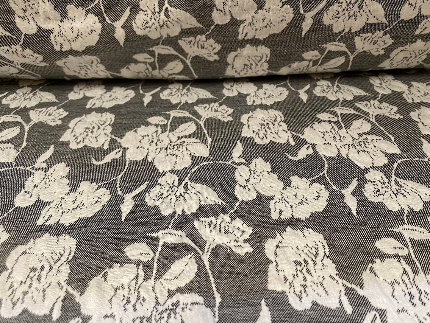 Stretch spandex floral jacquard double jersey fabric, per metre - grey & cream