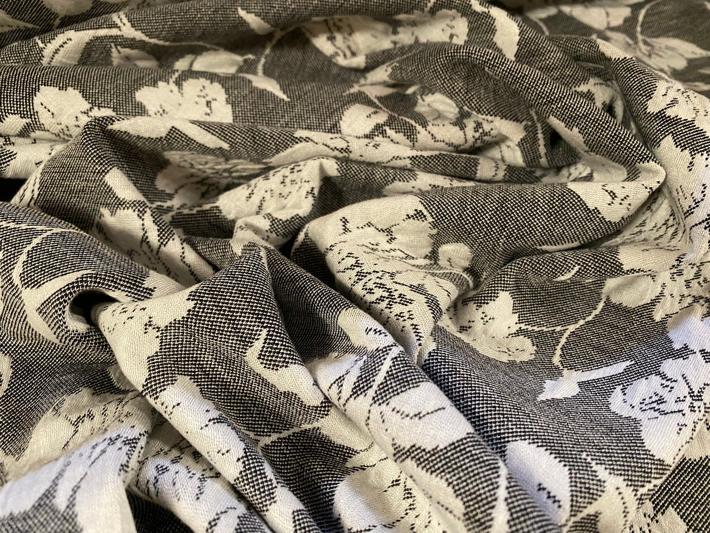 Stretch spandex floral jacquard double jersey fabric, per metre - grey & cream