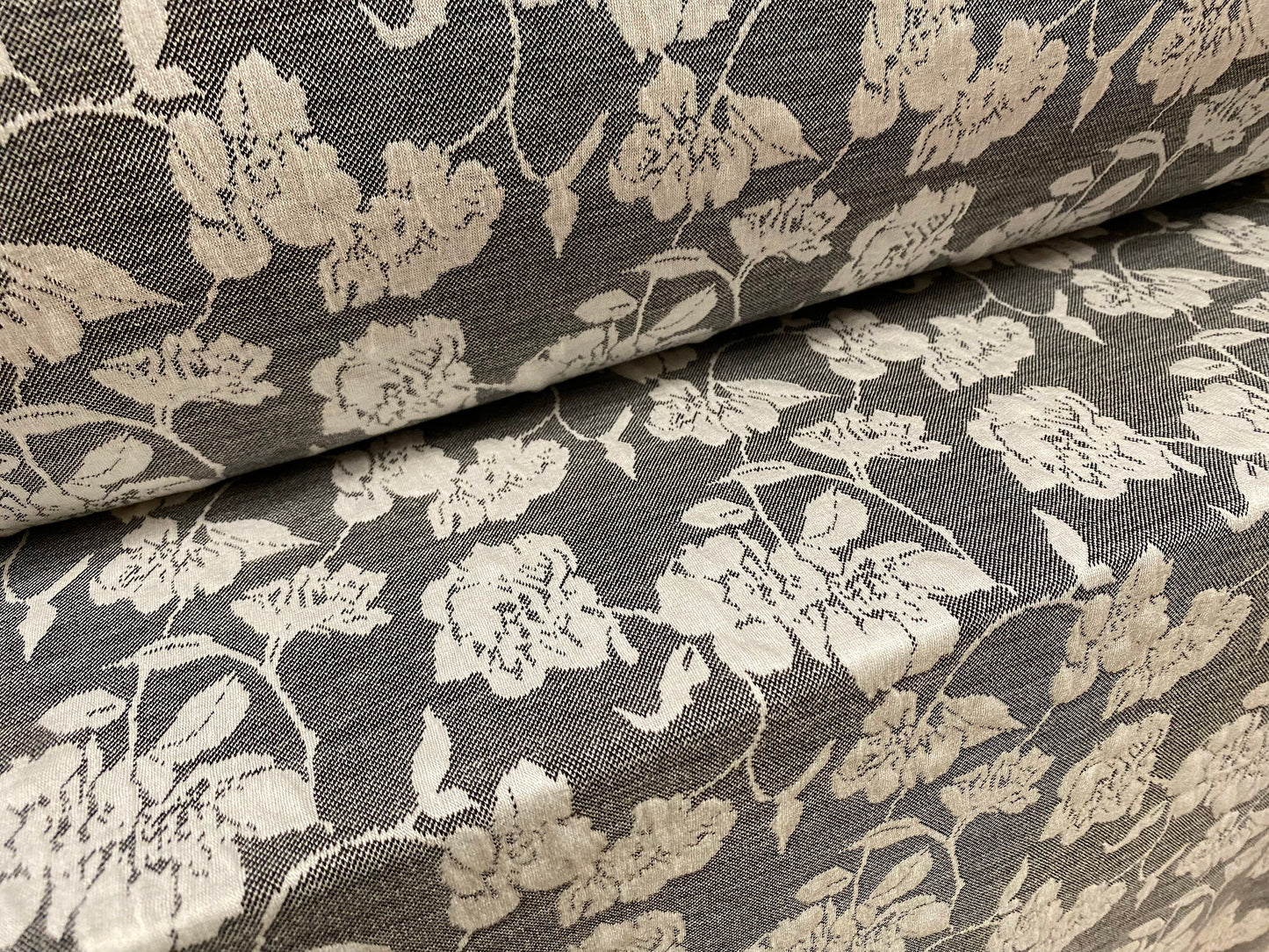 Stretch spandex floral jacquard double jersey fabric, per metre - grey & cream