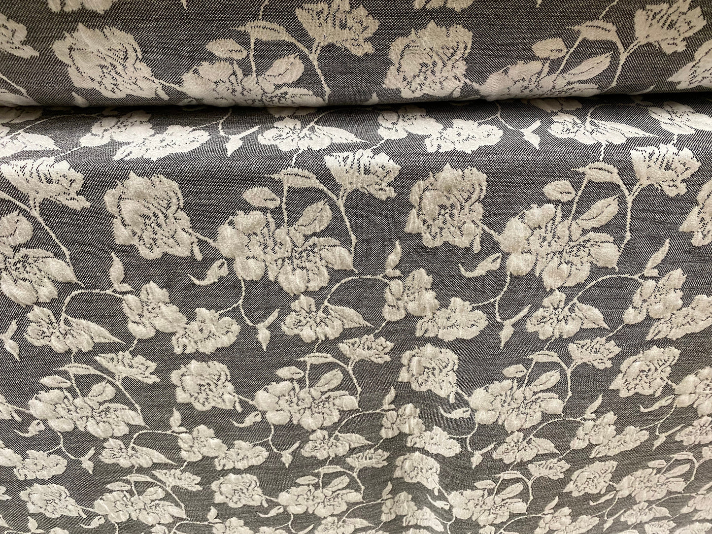 Stretch spandex floral jacquard double jersey fabric, per metre - grey & cream