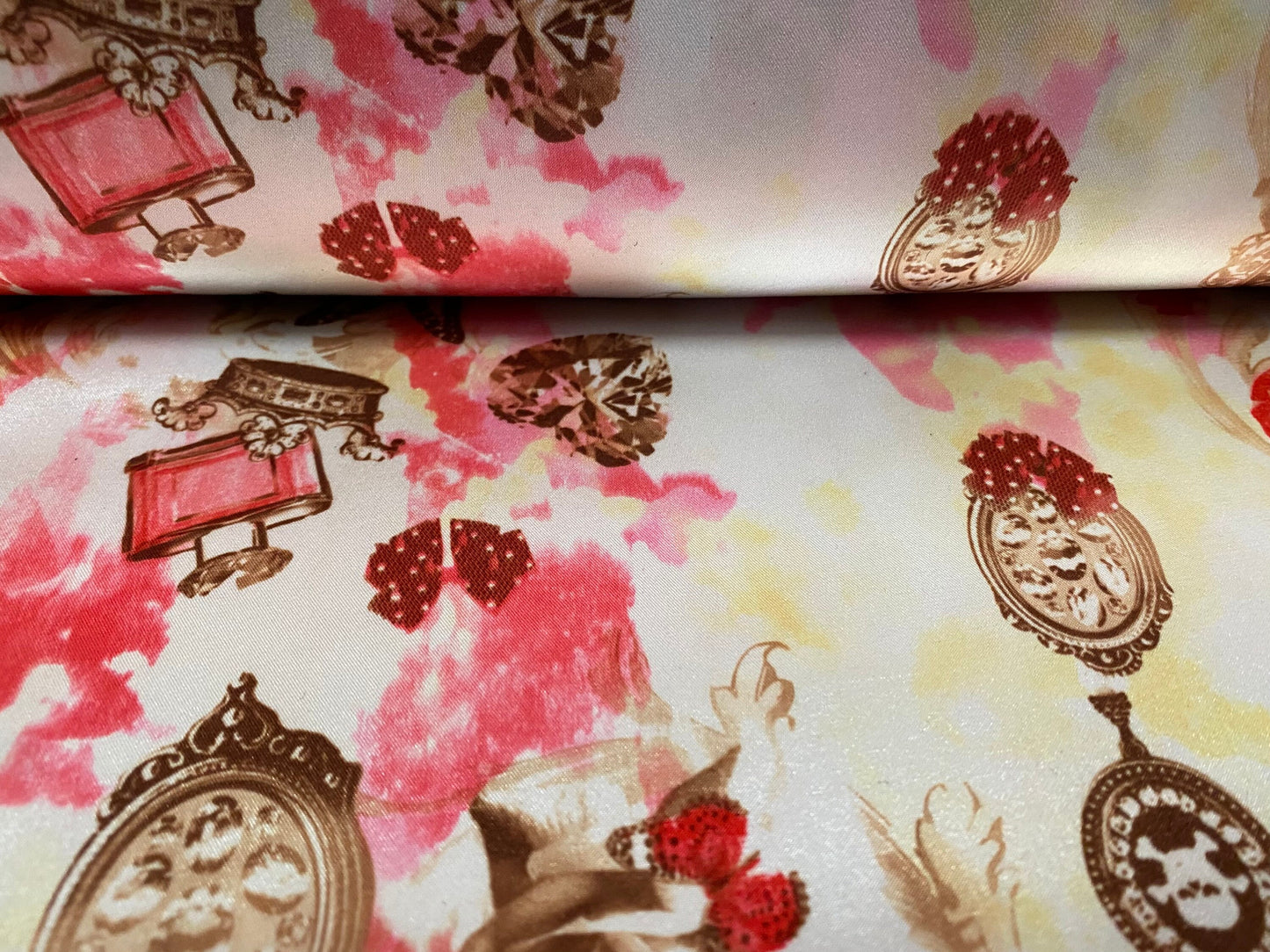 Silky Stretch charmeuse satin dress fabric, per metre - steampunk skulls and Roses print - pink