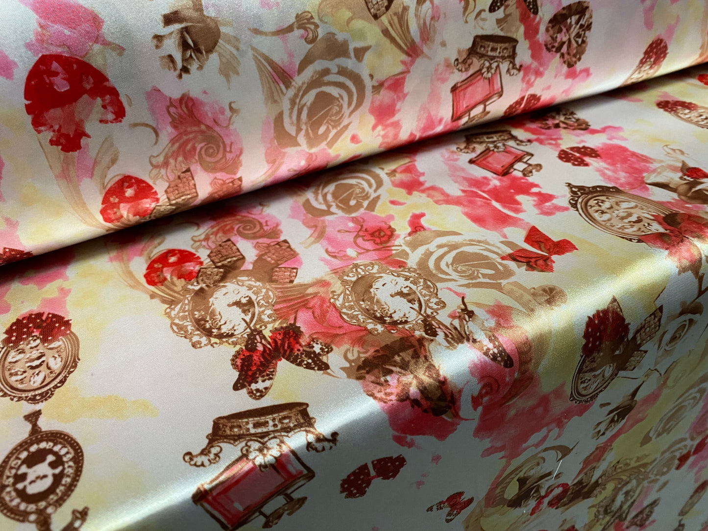 Silky Stretch charmeuse satin dress fabric, per metre - steampunk skulls and Roses print - pink