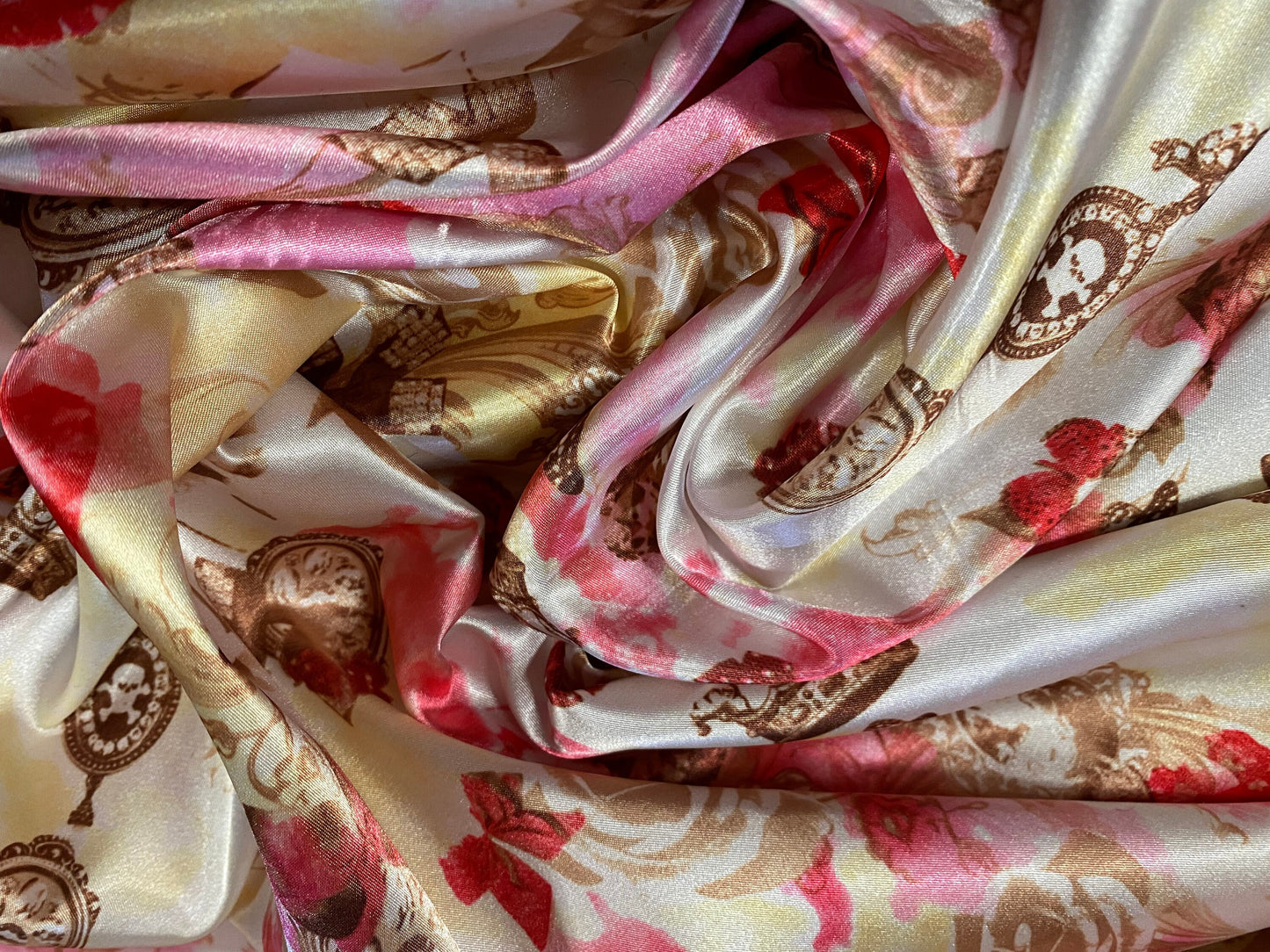 Silky Stretch charmeuse satin dress fabric, per metre - steampunk skulls and Roses print - pink