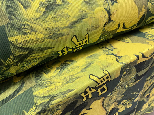 Spandex rib jersey fabric, per metre - Japanese geisha print - lime