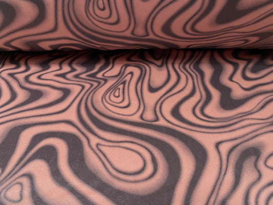 Coated Double jersey stretch spandex fabric, per metre - swirl print - pink & grey