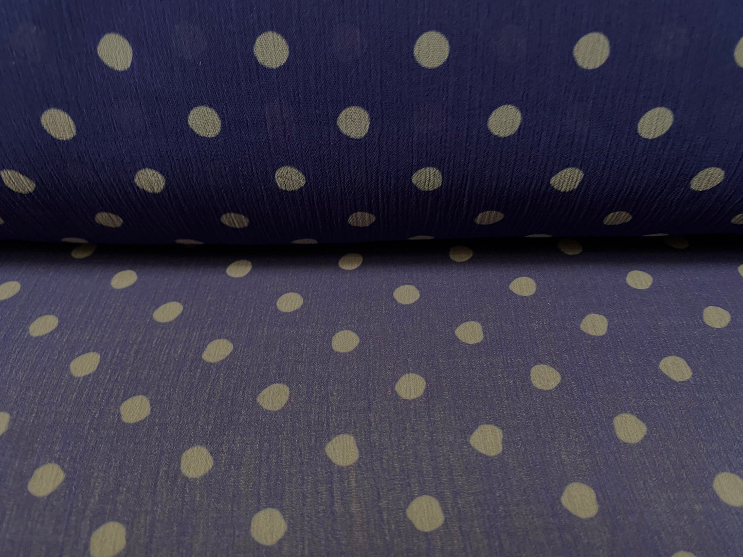 Printed chiffon yoryu dress blouse fabric, per metre - polka dot print - purple-blue & stone