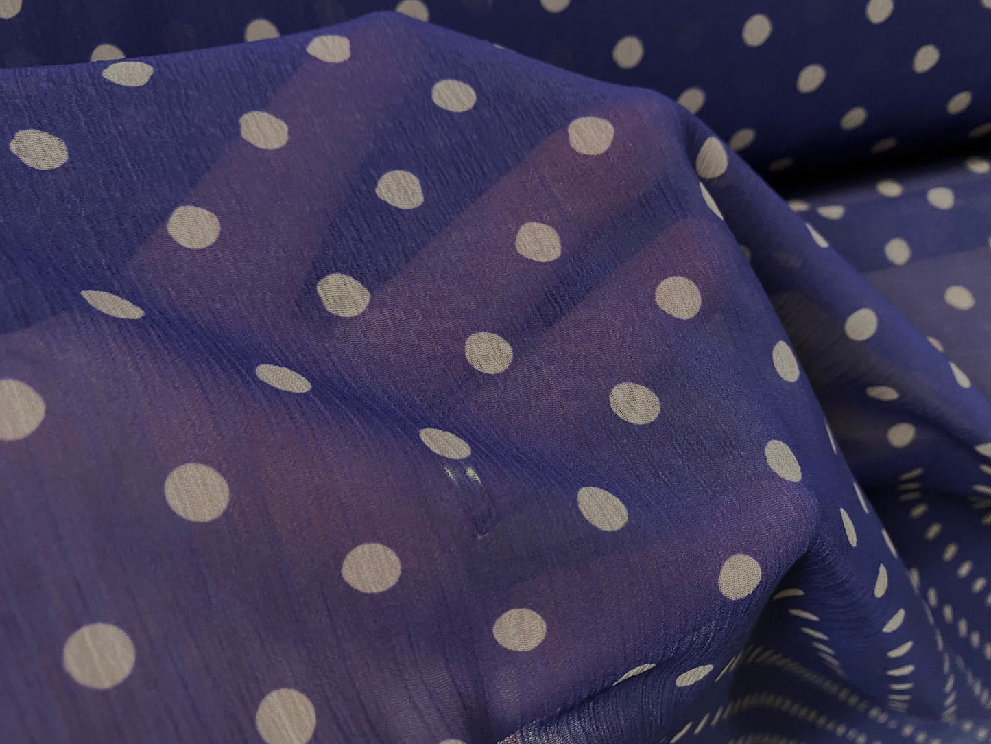 Printed chiffon yoryu dress blouse fabric, per metre - polka dot print - purple-blue & stone