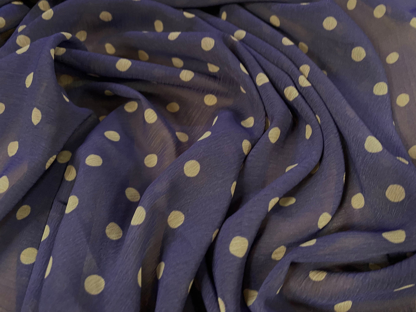 Printed chiffon yoryu dress blouse fabric, per metre - polka dot print - purple-blue & stone