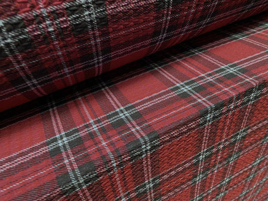 jacquard double jersey knit spandex dress fabric, per metre - tartan check print - red & Sky blue