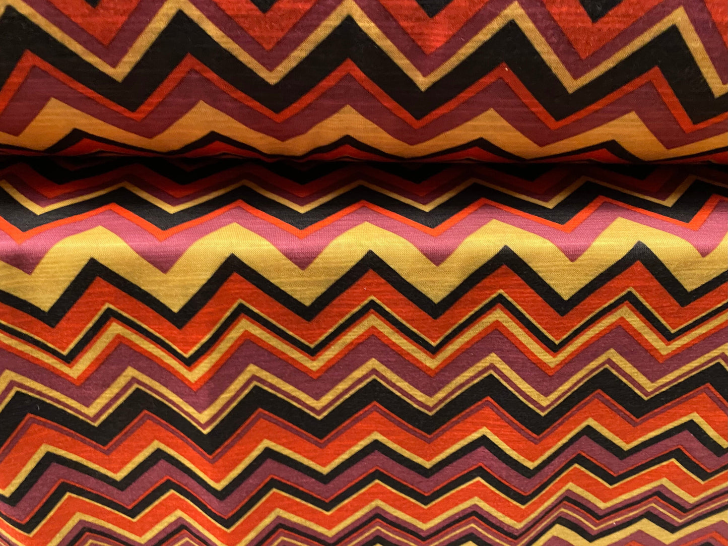 Soft handle single jersey printed fabric, per metre - Zigzag chevron print - purple mustard orange