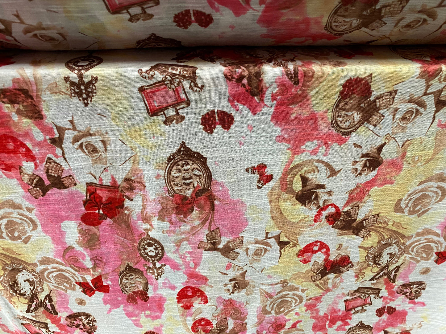 Soft handle single jersey printed fabric, per metre - Steampunk skulls and Roses print - pink