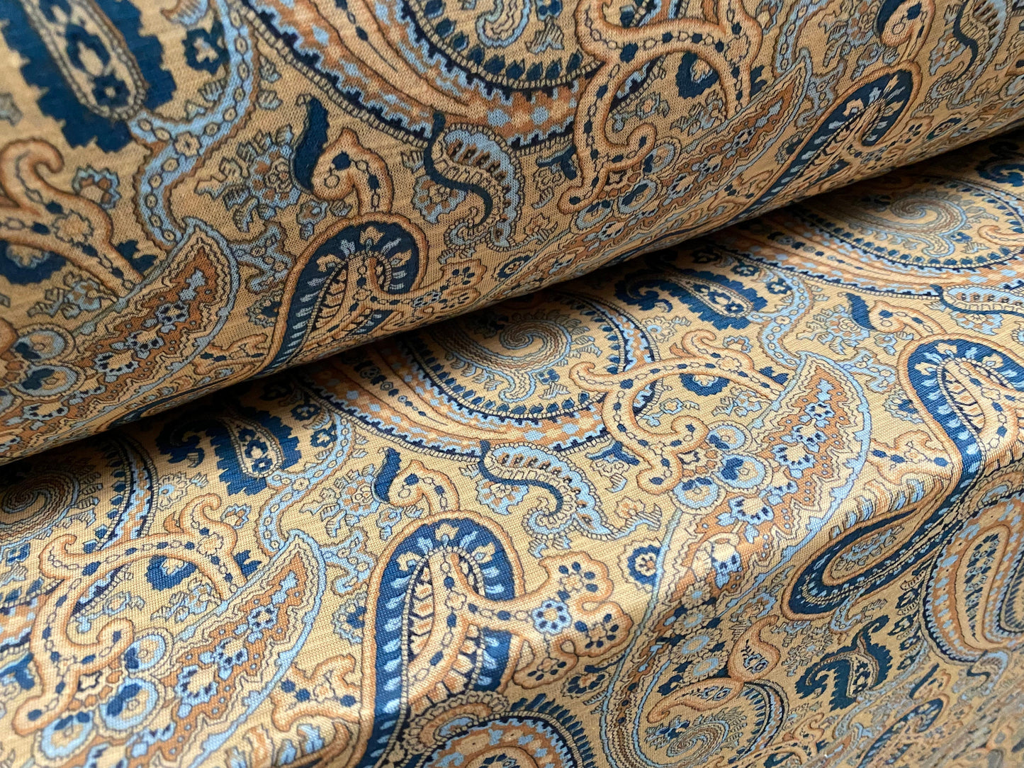 Slub single jersey printed fabric, per metre - Paisley print - blue & gold