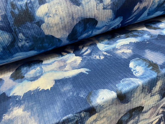 Spandex stretch rib jersey fabric, per metre - angels print - blue