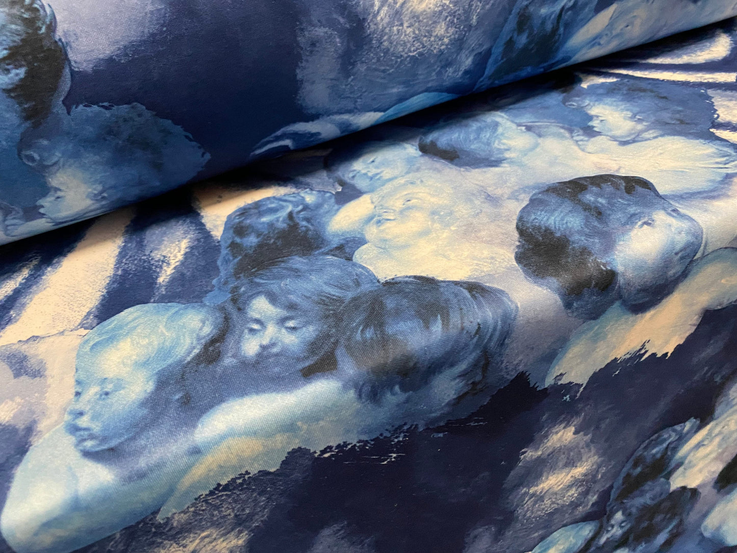 Scuba spandex stretch neoprene style jersey fashion fabric, per metre - angels print - blue