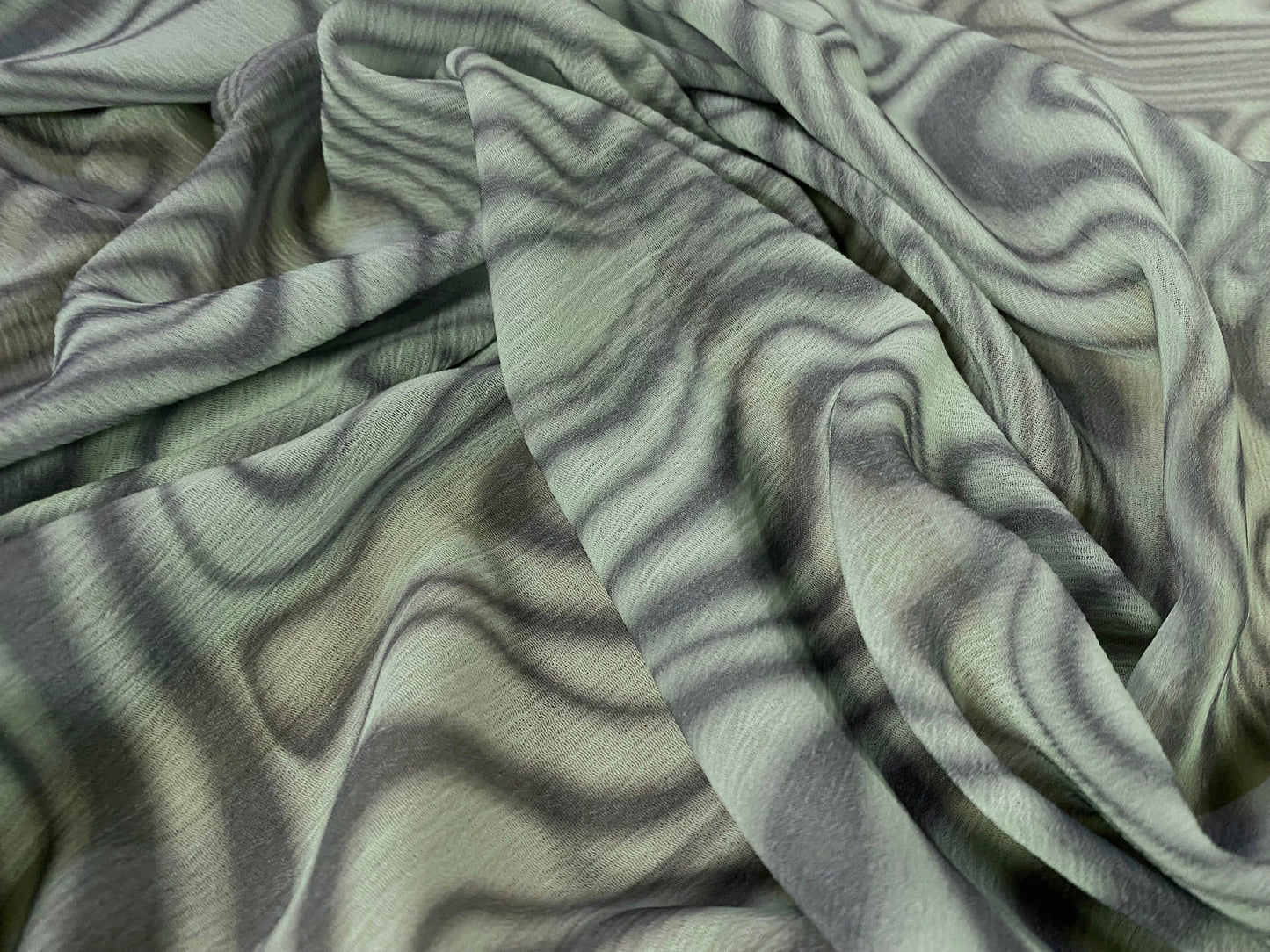 Printed chiffon yoryu dress blouse fabric, per metre -  swirl print - sage & olive green