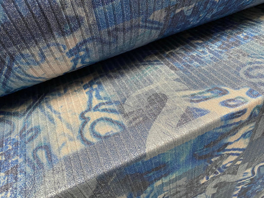 Metallic Spandex rib jersey fabric, per metre - festival graffiti print - blue