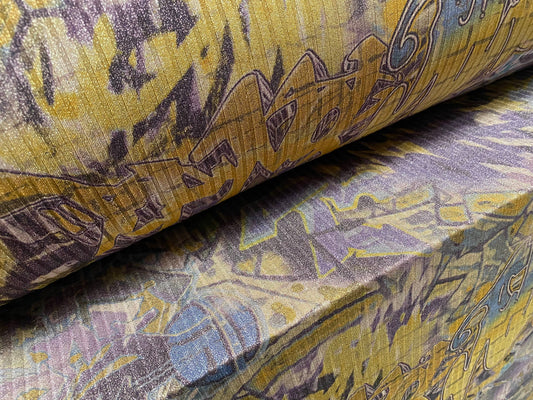 Metallic Spandex rib jersey fabric, per metre - graffiti street art print - yellow purple