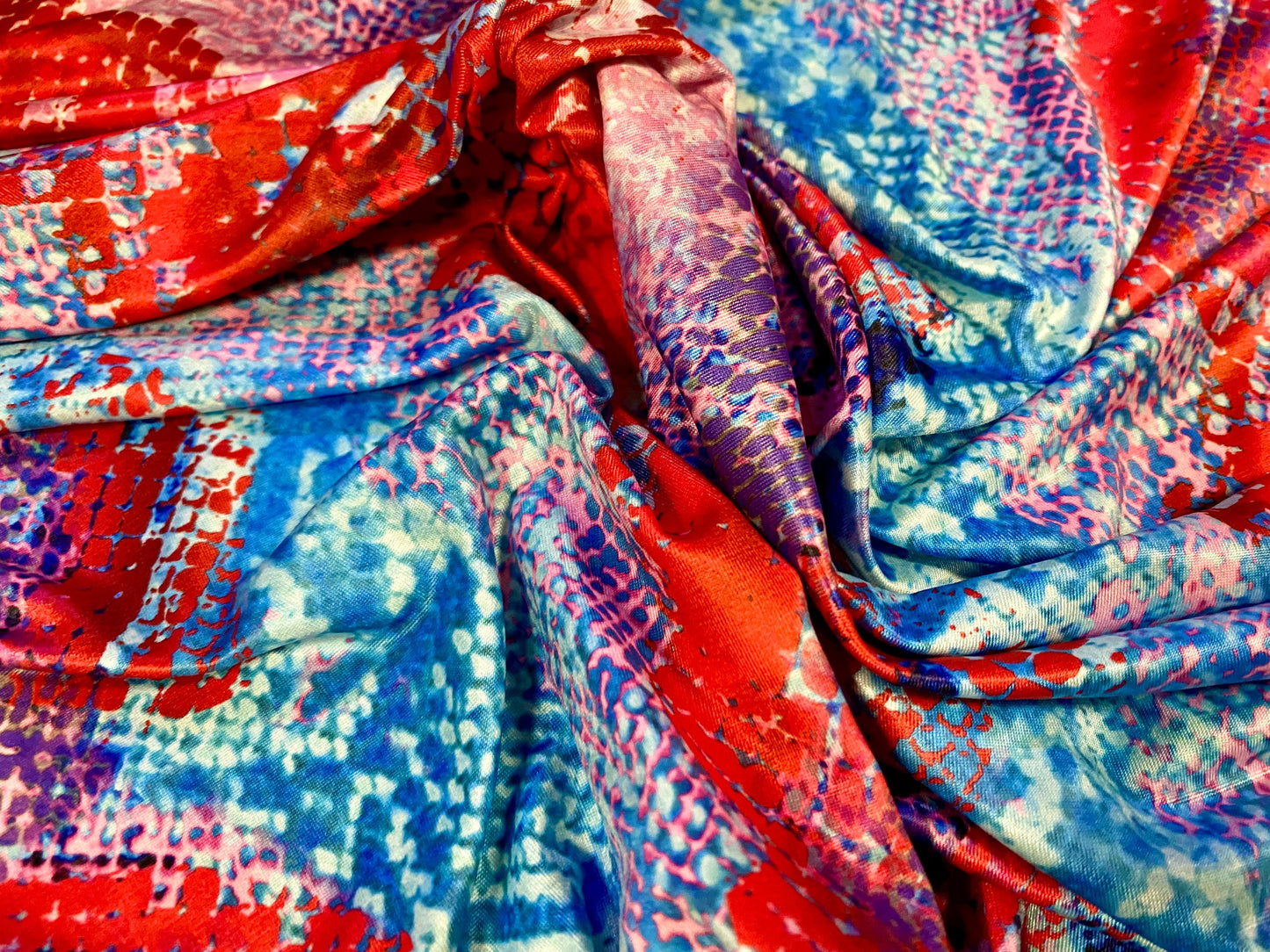 Soft touch stretch spandex jersey fabric, per metre - snakeskin print - red blue lilac