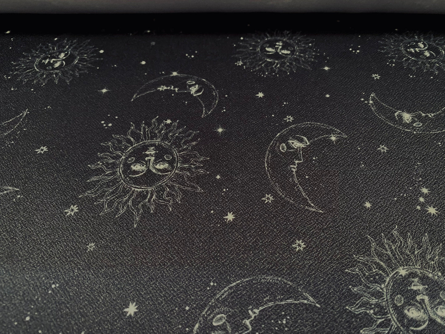 Scuba crepe fabric stretch spandex jersey, per metre - moon sun stars Sky print - black