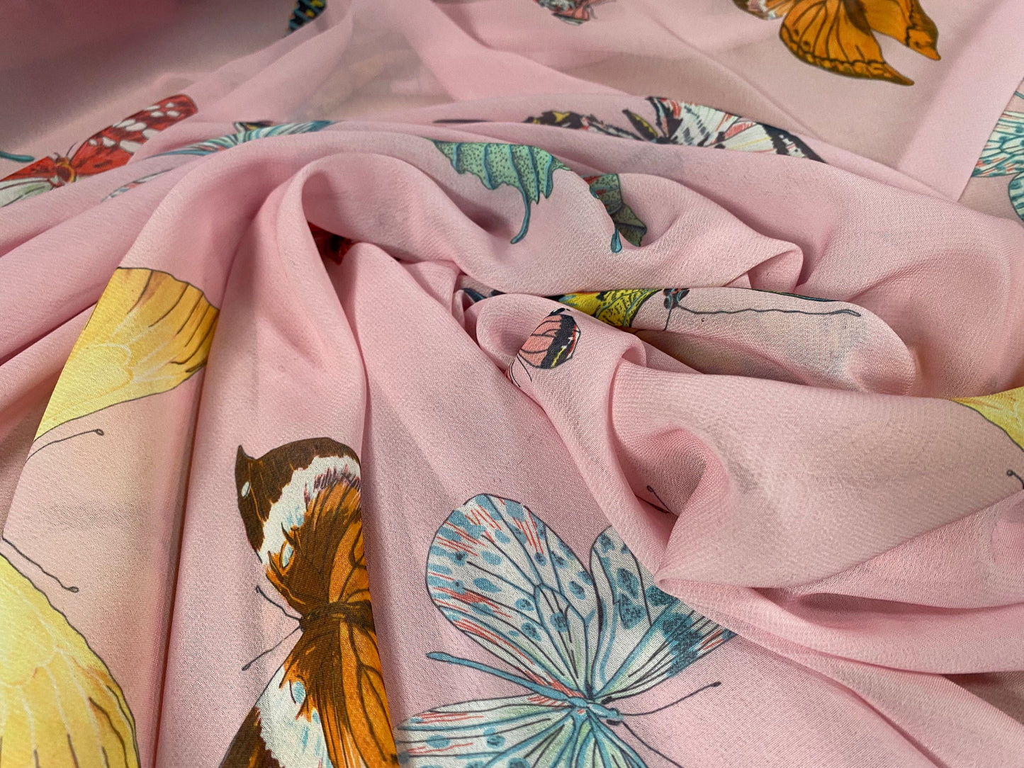 Printed chiffon dress blouse fabric, per metre - butterfly print - pink