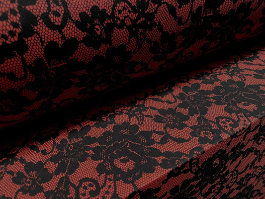 Valentino crepe spandex jersey fabric - similar to scuba - per metre - lace print - rust & black