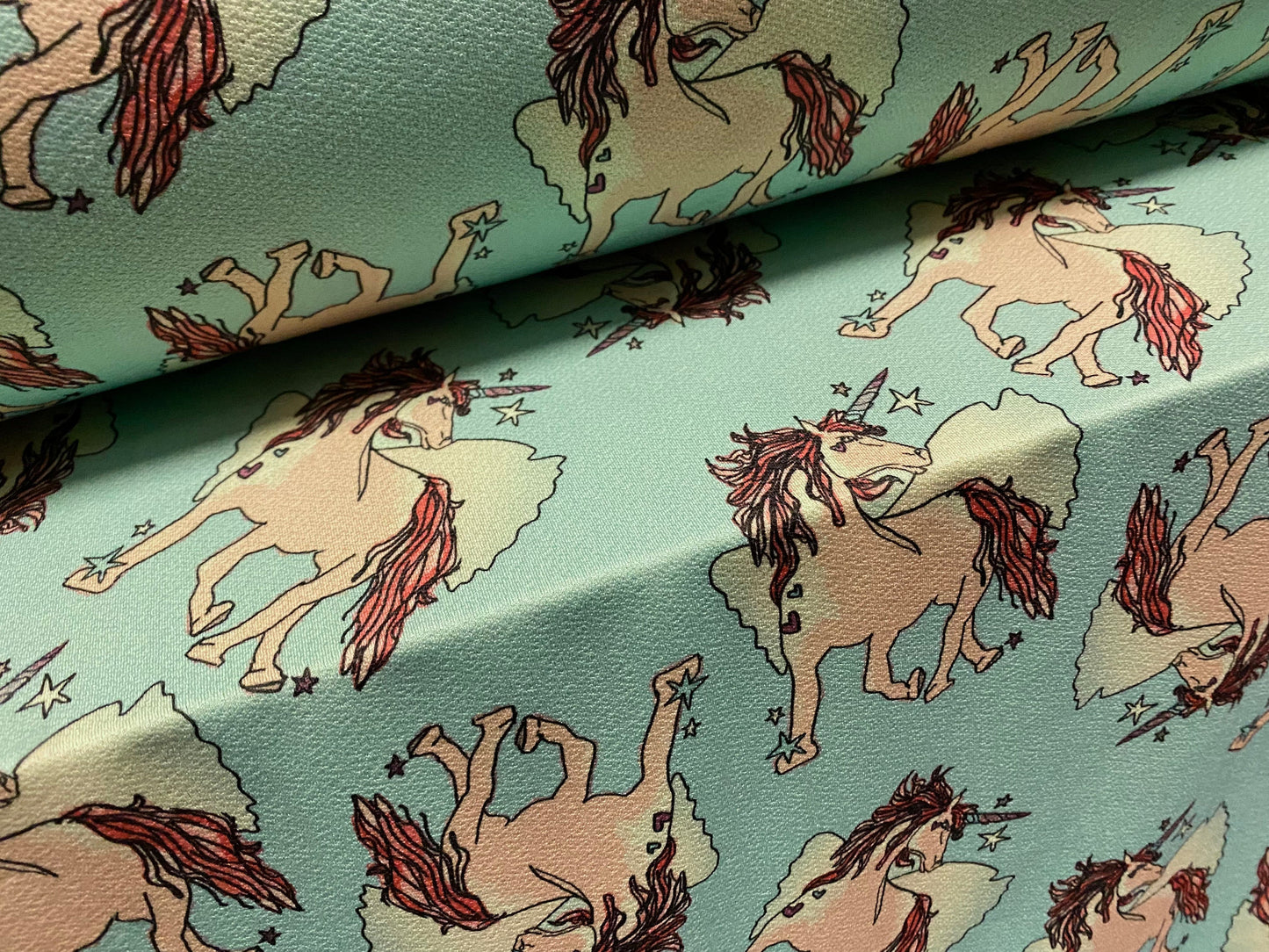 Stretch Spandex crepe jersey fabric, per metre - unicorn print - turquoise & blush