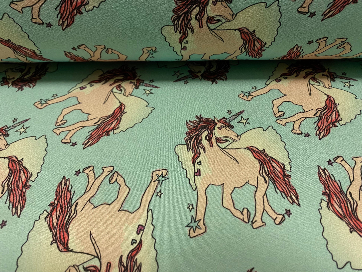 Stretch Spandex crepe jersey fabric, per metre - unicorn print - turquoise & blush