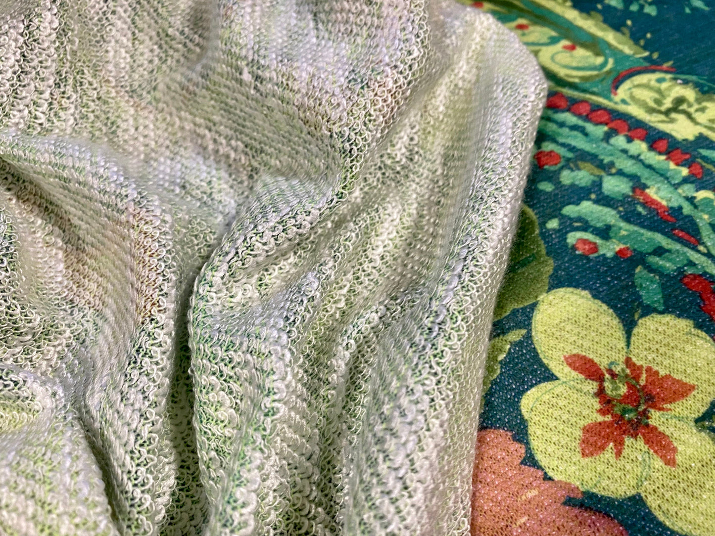 Soft Loopback jersey knitwear fabric, per metre - floral print - green & blue