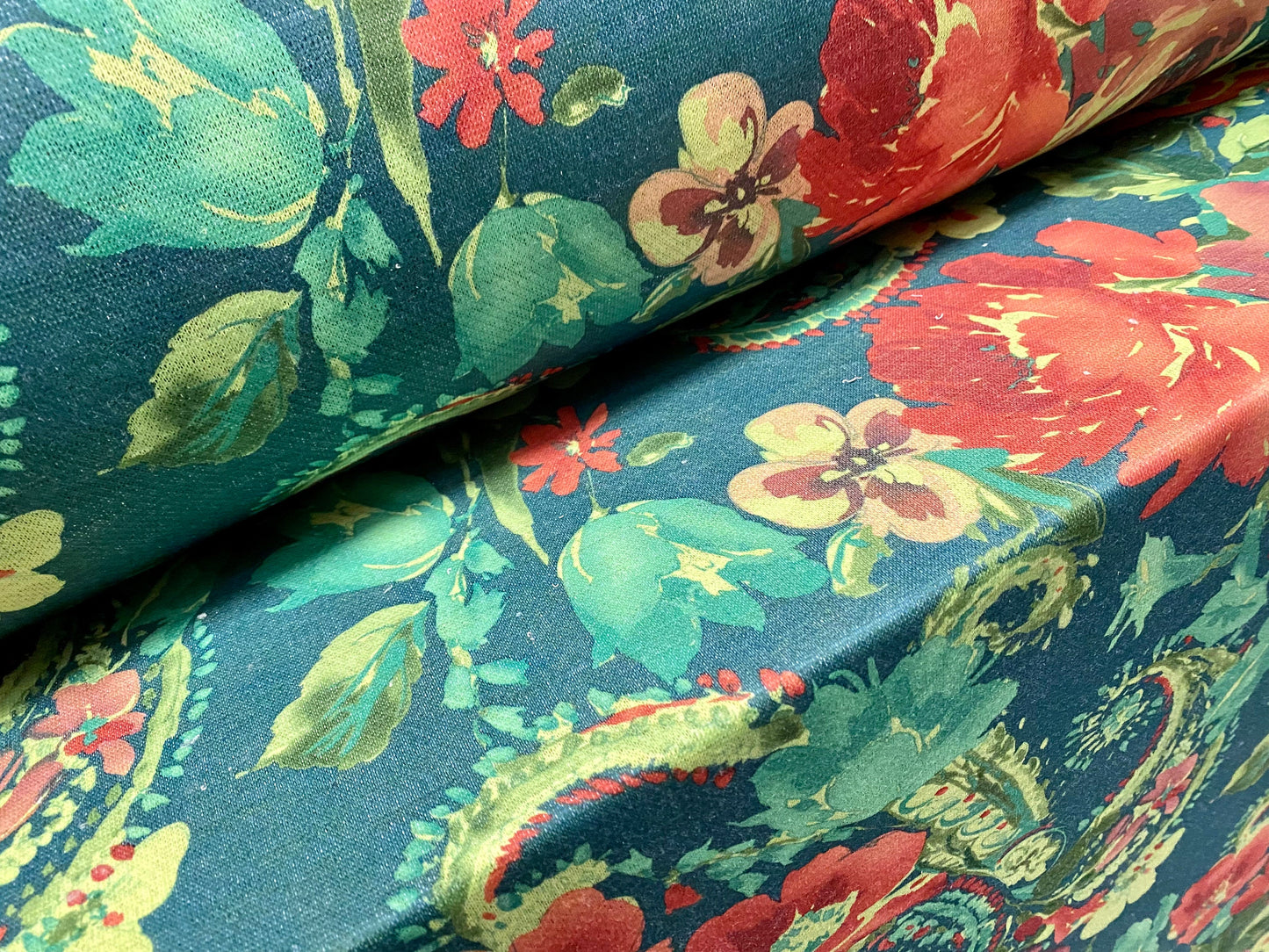 Soft Loopback jersey knitwear fabric, per metre - floral print - green & blue
