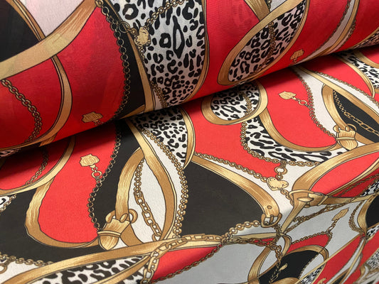 Printed chiffon dress blouse fabric, per metre - designer buckles and chains print - red gold & black