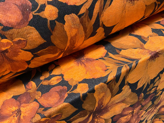 Soft Loopback jersey knitwear fabric, per metre - floral print - Orange & black