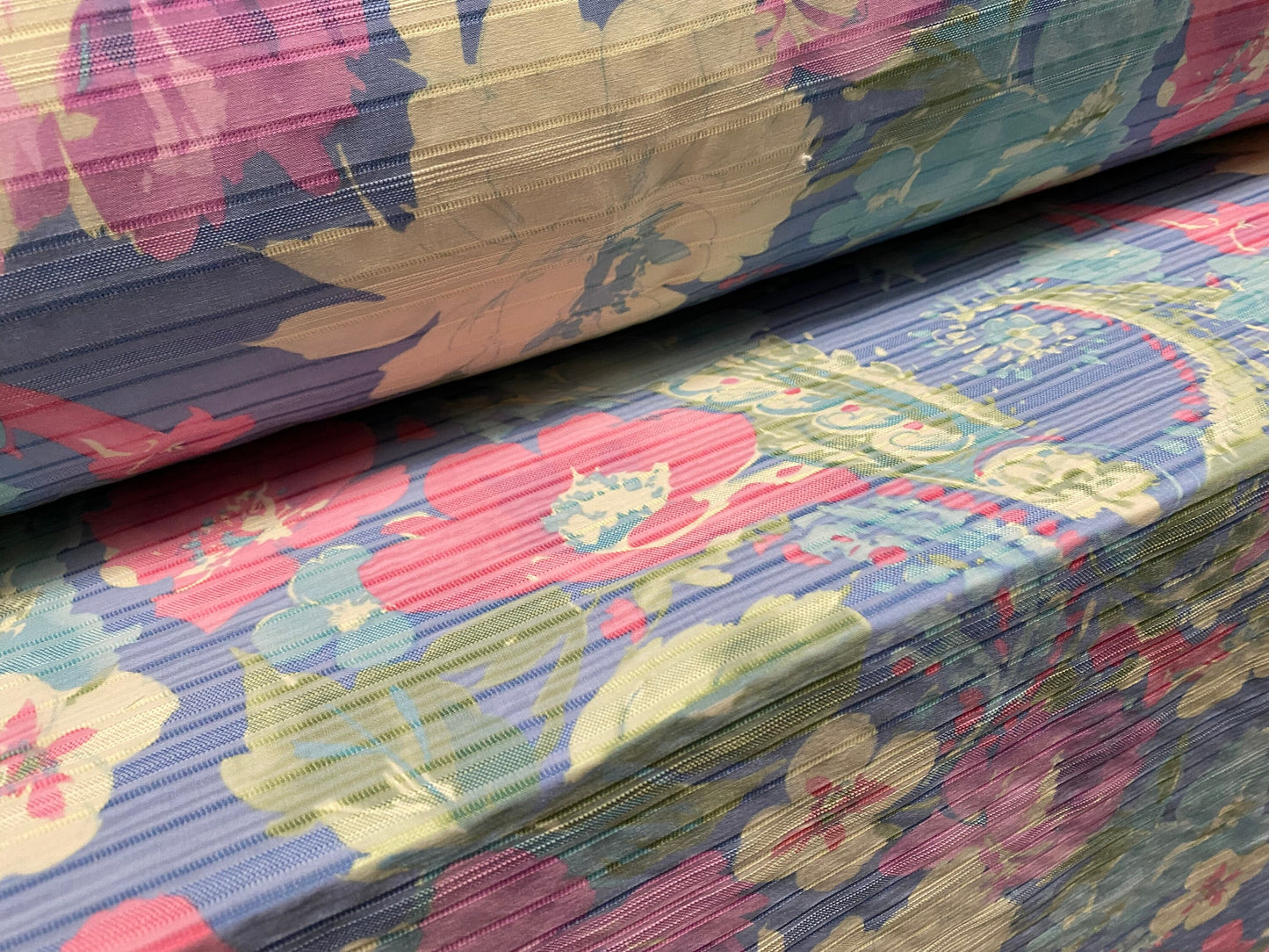 Ribbed stretch spandex woven dress trouser skirt fabric, per metre - pastel floral print