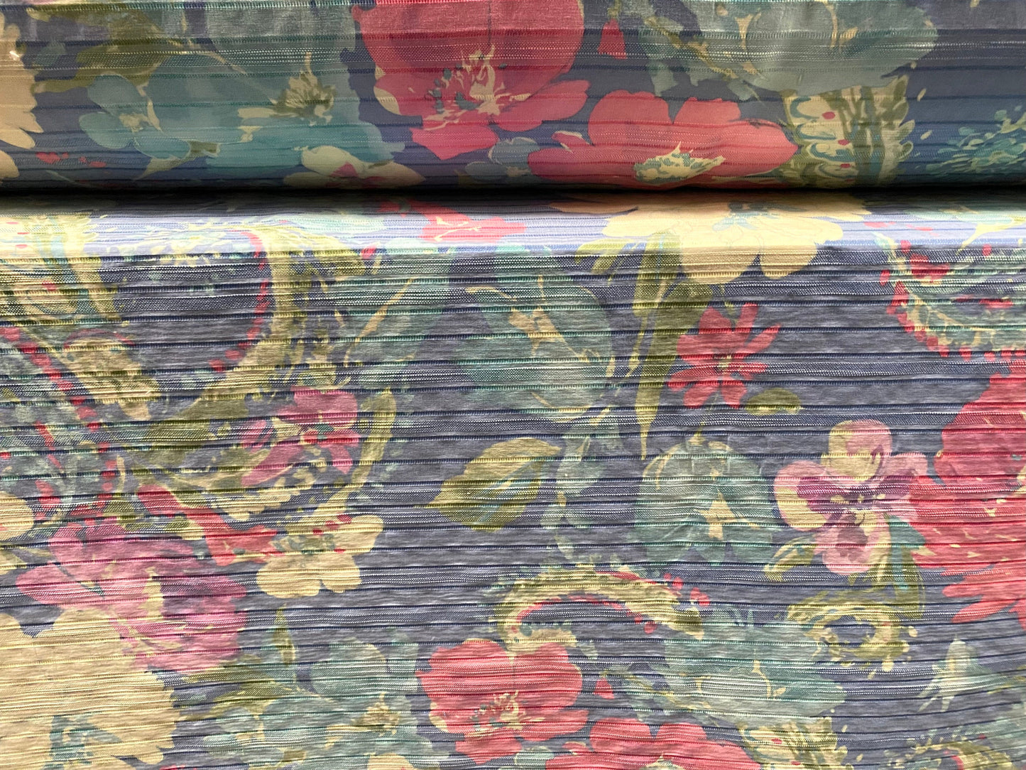 Ribbed stretch spandex woven dress trouser skirt fabric, per metre - pastel floral print