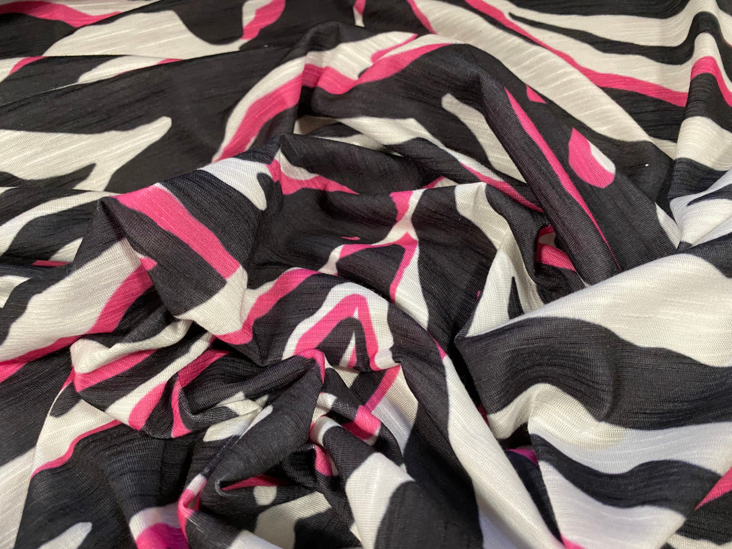 Soft handle single jersey printed fabric, per metre - Zebra animal print - black white pink